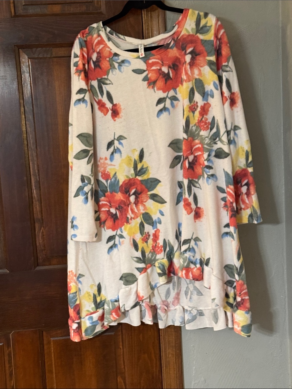 P & Rose brand Cream Floral Ruffle Hem Tunic with Re, yellow and blue Blooms